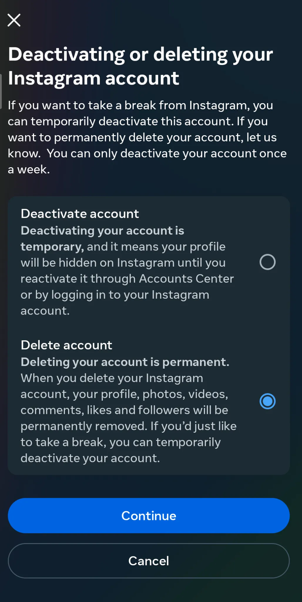 delete instagram account from instagram mobile app