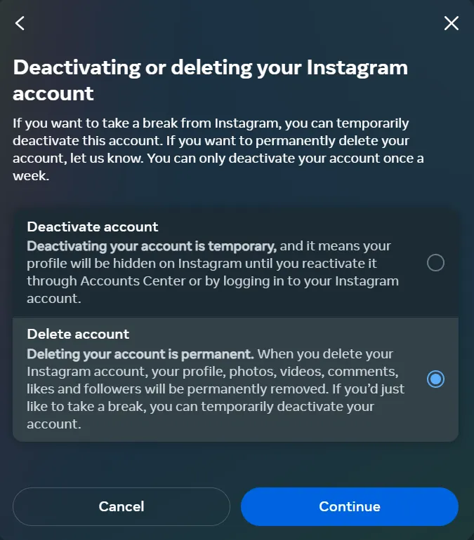 Delete an Instagram Account from Desktop